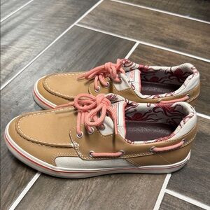 Women's Tan Boat Shoes with Pink Accents